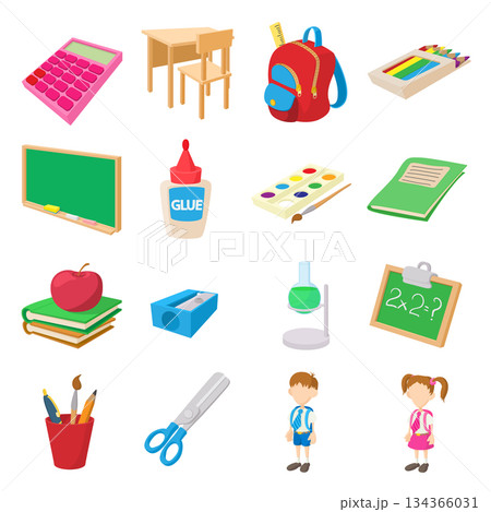 Back to school icons set, cartoon style 134366031