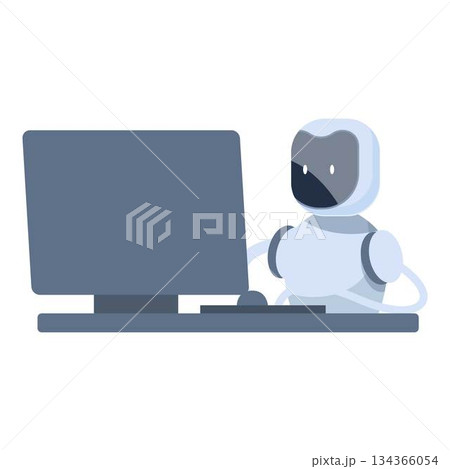 Robot working from home office using desktop computer 134366054
