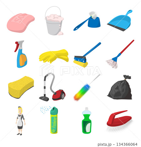 Cleaning cartoon icons 134366064