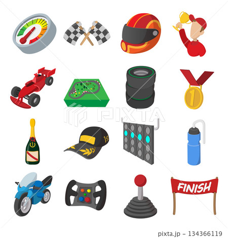 Car racing cartoon icons set Car racing cartoon icons set 134366119