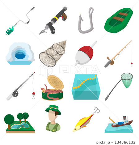 Fishing cartoon icons set 134366132