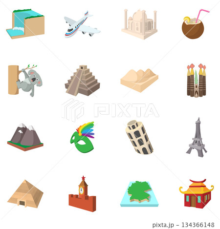 Tourism icon set, cartoon style 134366148