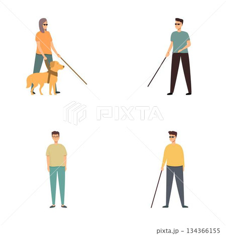 Set of blind person icons with guide dog and cane 134366155