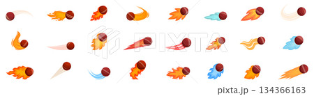 Flying cricket ball icons set. Cricket ball flying through air leaving fire trails behind 134366163