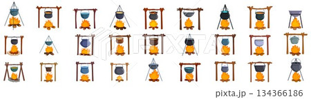 Pot campfire icons set. Large set of boiling pots hanging over campfire cooking food Pot campfire icons set. Large set of boiling pots hanging over campfire cooking food 134366186
