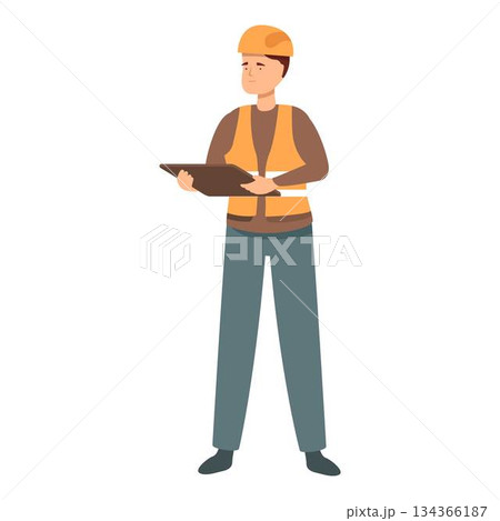 Construction site supervisor holding digital tablet, managing and overseeing building project 134366187