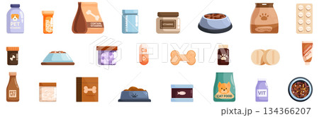 Vitamins pets icons set vector. A collection of pet supplies including dog food, medicine, and toys 134366207