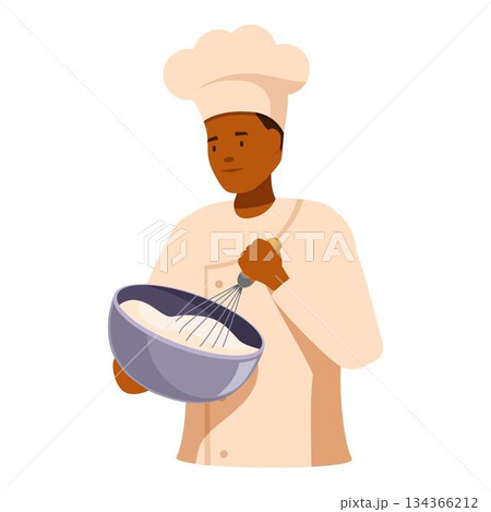 Confident male pastry chef whisking ingredients in bowl 134366212