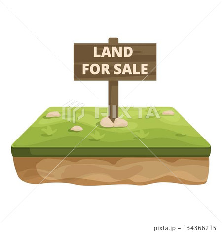Cartoon land for sale sign on grass plot Cartoon land for sale sign on grass plot 134366215