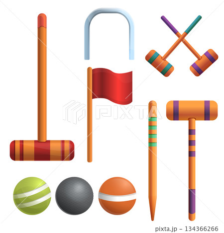 Croquet icons set, cartoon style 134366266