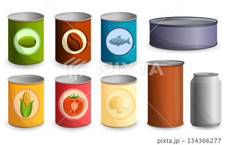 Tin can icon set, cartoon style 134366277