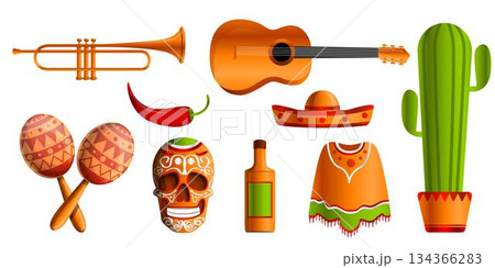 Mexican music icon set, cartoon style 134366283