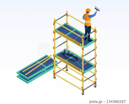 Worker putty on scaffold banner, isometric style Worker putty on scaffold banner, isometric style 134366287