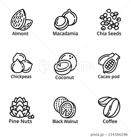 Nuts icon set, outline style Nuts icon set, outline style 134366296