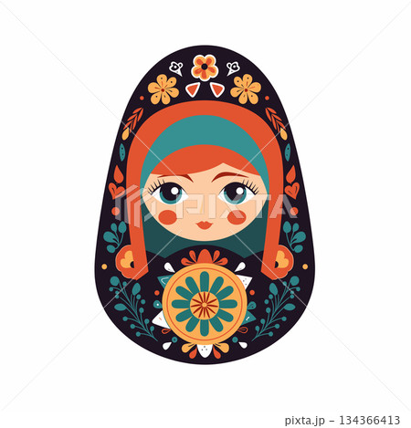 A stylized illustration of a traditional Russian nesting doll, or matryoshka doll. The doll is decorated with colorful floral patterns and features a girl with red hair. A stylized illustration of a traditional Russian nesting doll, or matryoshka doll. The doll is decorated with colorful floral patterns and features a girl with red hair. 134366413