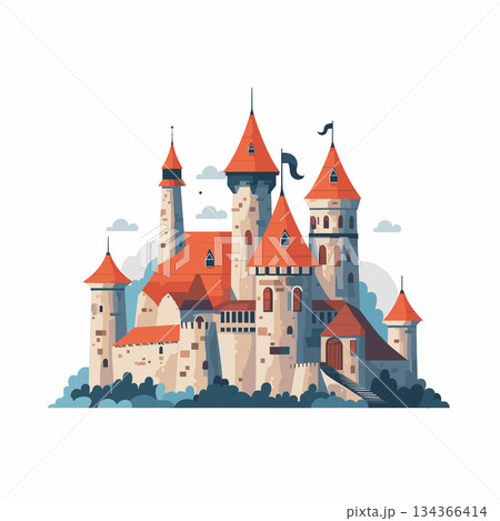 A large stone castle with orange roofs and flags rises against a white background. There are towers, turrets, and a staircase leading to the entrance. Fluffy clouds dot the sky behind the building. A large stone castle with orange roofs and flags rises against a white background. There are towers, turrets, and a staircase leading to the entrance. Fluffy clouds dot the sky behind the building. 134366414