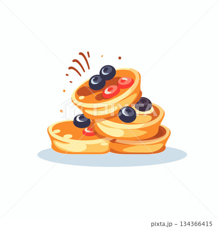 A stack of four golden pancakes is presented, garnished with juicy blueberries and sliced strawberries. The pancakes sit on a pale blue surface. The illustration looks delicious. A stack of four golden pancakes is presented, garnished with juicy blueberries and sliced strawberries. The pancakes sit on a pale blue surface. The illustration looks delicious. 134366415