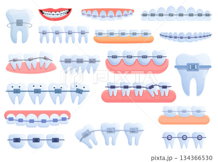Tooth braces icons set, cartoon style 134366530