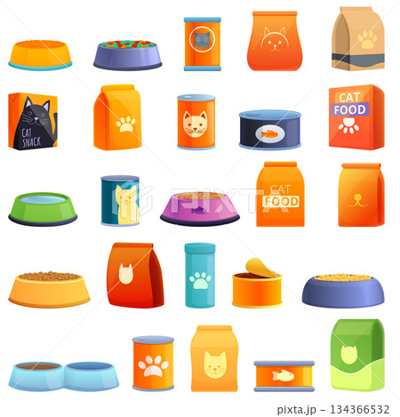 Cat food icons set, cartoon style 134366532