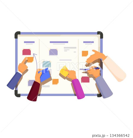 Business people team working planning project using scrum agile method with kanban board on whiteboard in office Business people team working planning project using scrum agile method with kanban board on whiteboard in office 134366542