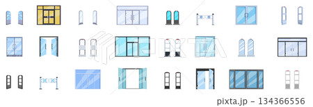 Shop entrance gate icons set. Set of different doors and security systems for shops and stores providing safety and protection 134366556