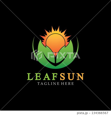 Sun & Green Leaf Logo Icons vector design template. Eco Sun Energy Logo isolated on black background 134366567