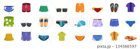 Male beach wear icons set. Summer clothes collection featuring swim trunks, shirts, and accessories 134366597