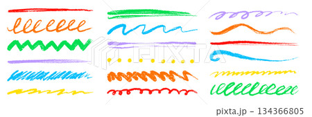 Colorful hand drawn brush strokes and underline set. Textured chalk pencil marks, crayon scribbles, chalk color lines. Crayon texture brush stroke rough highlight shapes. Vector 134366805