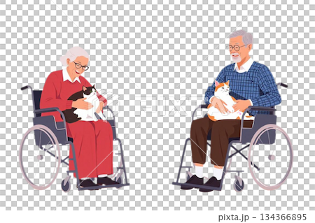 The scene shows two elderly couples, a grandmother and grandfather, sitting in wheelchairs and gently stroking a cat curled up on their laps. The scene shows two elderly couples, a grandmother and grandfather, sitting in wheelchairs and gently stroking a cat curled up on their laps. 134366895