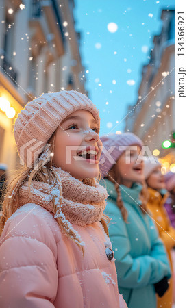 Happy little girl looking up at falling snow in winter city street. Vertical portrait of cute child smiling with friends outdoors during Christmas holiday. Magical snowy evening with warm lights. 134366921