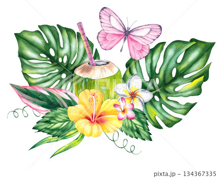Tropical bouquet with hibiscus flowers and butterfly. Botanical bouquet of summer tropical flowers 134367335