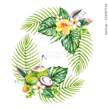 watercolor wreath featuring summer flowers, butterflies, and hibiscus 134367336
