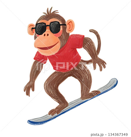 猿がスノーボードをしている色鉛筆のイラスト 134367349