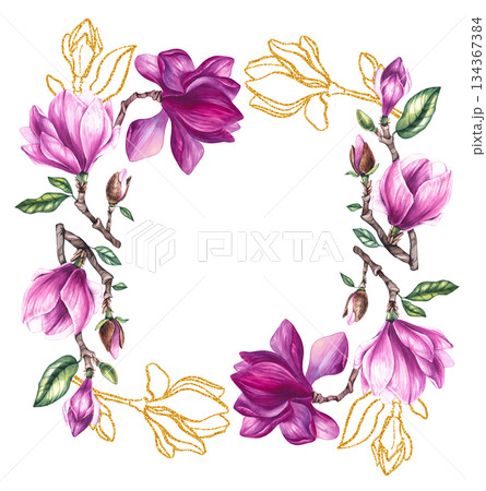 Watercolor bouquet magnolia and gold decorative illustration 134367384