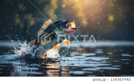 水中から飛び出すブラックバス、魚、釣り 水中から飛び出すブラックバス、魚、釣り 134367448