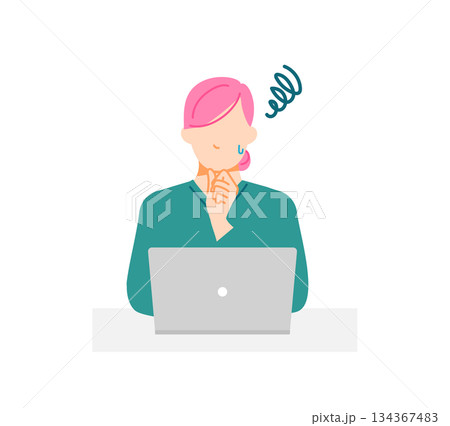PCと悩んでいる私服の女性のイラスト。フラットデザイン。 PCと悩んでいる私服の女性のイラスト。フラットデザイン。 134367483