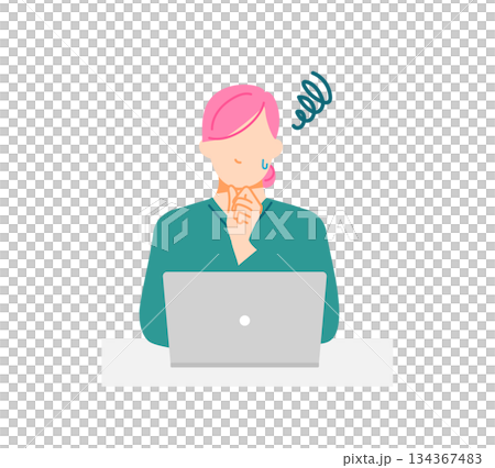 PCと悩んでいる私服の女性のイラスト。フラットデザイン。 PCと悩んでいる私服の女性のイラスト。フラットデザイン。 134367483