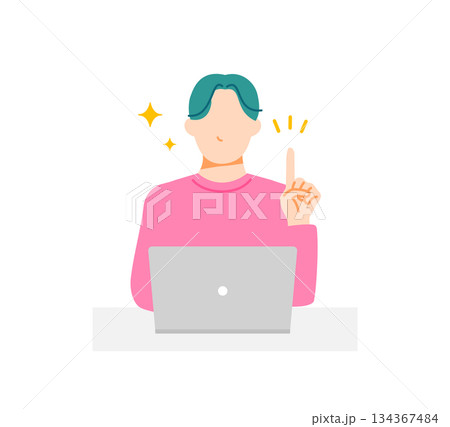 PCと解決した表情の男性のイラスト。フラットデザイン。 PCと解決した表情の男性のイラスト。フラットデザイン。 134367484