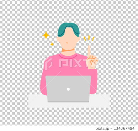 PCと解決した表情の男性のイラスト。フラットデザイン。 PCと解決した表情の男性のイラスト。フラットデザイン。 134367484