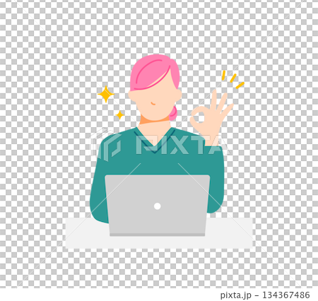 一位身著休閒裝、態度積極的女性手持電腦，做出「OK」手勢。扁平化設計。 134367486