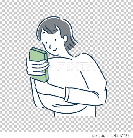 一幅簡單的插圖，描繪了一位女士在睡前使用智慧型手機的情景。 134367728