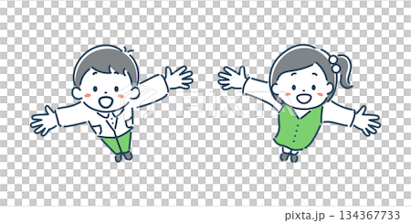 可愛簡潔的插圖，描繪了面帶微笑的孩子們張開雙臂。 134367733