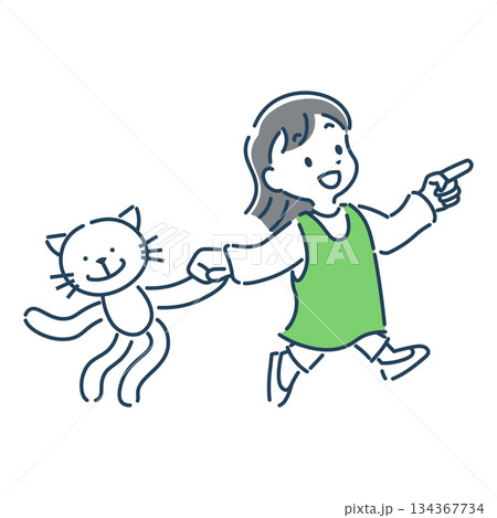 猫のぬいぐるみを持って笑顔で歩く女の子の可愛いシンプルなイラスト素材 134367734
