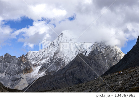 Colorful in autumn forest and snow mountain at Yading nature reserve, The last Shangri la Colorful in autumn forest and snow mountain at Yading nature reserve, The last Shangri la 134367963