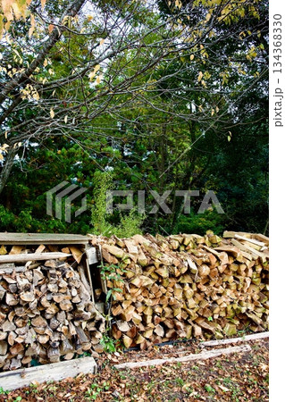 外に積まれた薪の山 外に積まれた薪の山 134368330