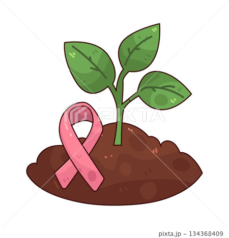 illustration of Growing Plant with Pink Ribbon 134368409