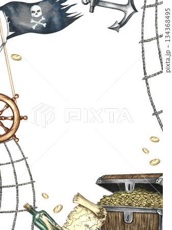 Pirate theme frame. Hand-drawn watercolor illustration. Treasure chest, steering wheel, anchor, pirate flag. For postcards, posters, flyers, and more. 134368495