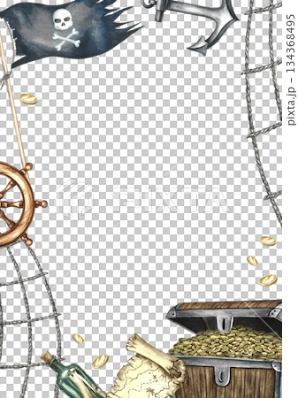 Pirate theme frame. Hand-drawn watercolor illustration. Treasure chest, steering wheel, anchor, pirate flag. For postcards, posters, flyers, and more. Pirate theme frame. Hand-drawn watercolor illustration. Treasure chest, steering wheel, anchor, pirate flag. For postcards, posters, flyers, and more. 134368495