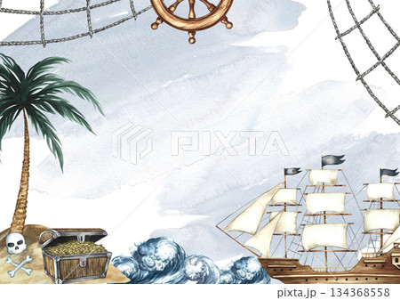 Treasure Island frame. Hand-drawn watercolor illustrations. A pirate ship, a chest of gold coins on an island under a palm tree, and other maritime elements. For postcards, posters, flyers, and more. 134368558