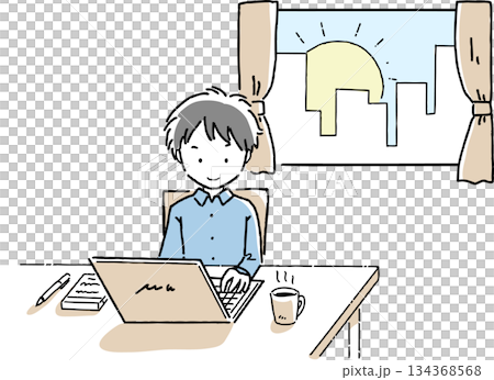 朝の時間にPC作業をする男性 134368568